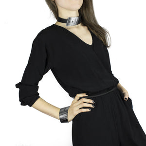 'SENA' genuine leather leather cuff, wide bracelet bangles black and silver-bangles, black, black and silver, black leather, Bracelet, cuff, designer, designer jewelry, geometric, goth, hand_painted, Jewelry, leather bracelet, leather jewelry, luxury, minimal, minimalist, punk, recycled, wrap-Mimikri
