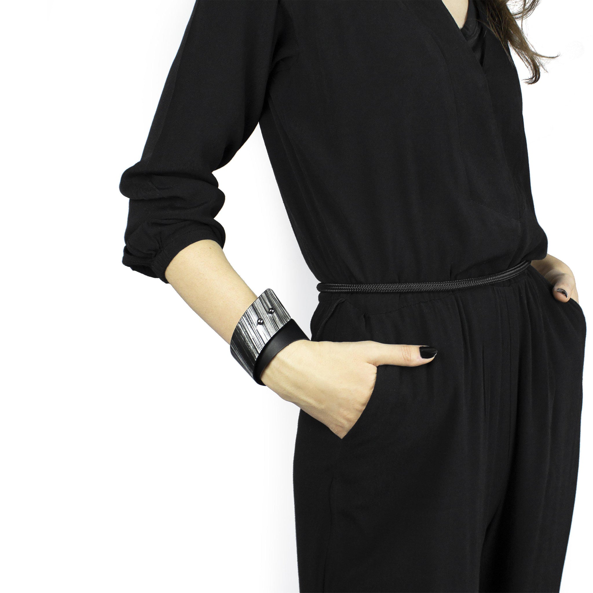 'SENA' genuine leather leather cuff, wide bracelet bangles double wrap-bangles, black, black and silver, black leather, Bracelet, colorful, cuff, designer jewelry, double wrap, double_wrap, geometric, goth, hand_painted, Jewelry, leather bracelet, leather jewelry, luxury, minimal, minimalist, recycled, studded, wrap-Mimikri