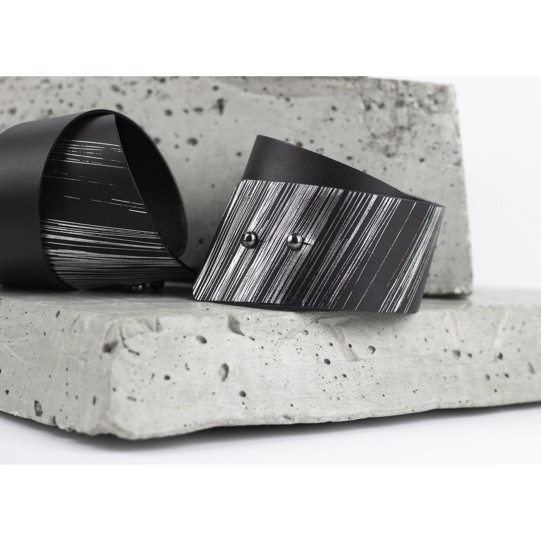 'SENA' genuine leather leather cuff, wide bracelet bangles double wrap-bangles, black, black and silver, black leather, Bracelet, colorful, cuff, designer jewelry, double wrap, double_wrap, geometric, goth, hand_painted, Jewelry, leather bracelet, leather jewelry, luxury, minimal, minimalist, recycled, studded, wrap-Mimikri
