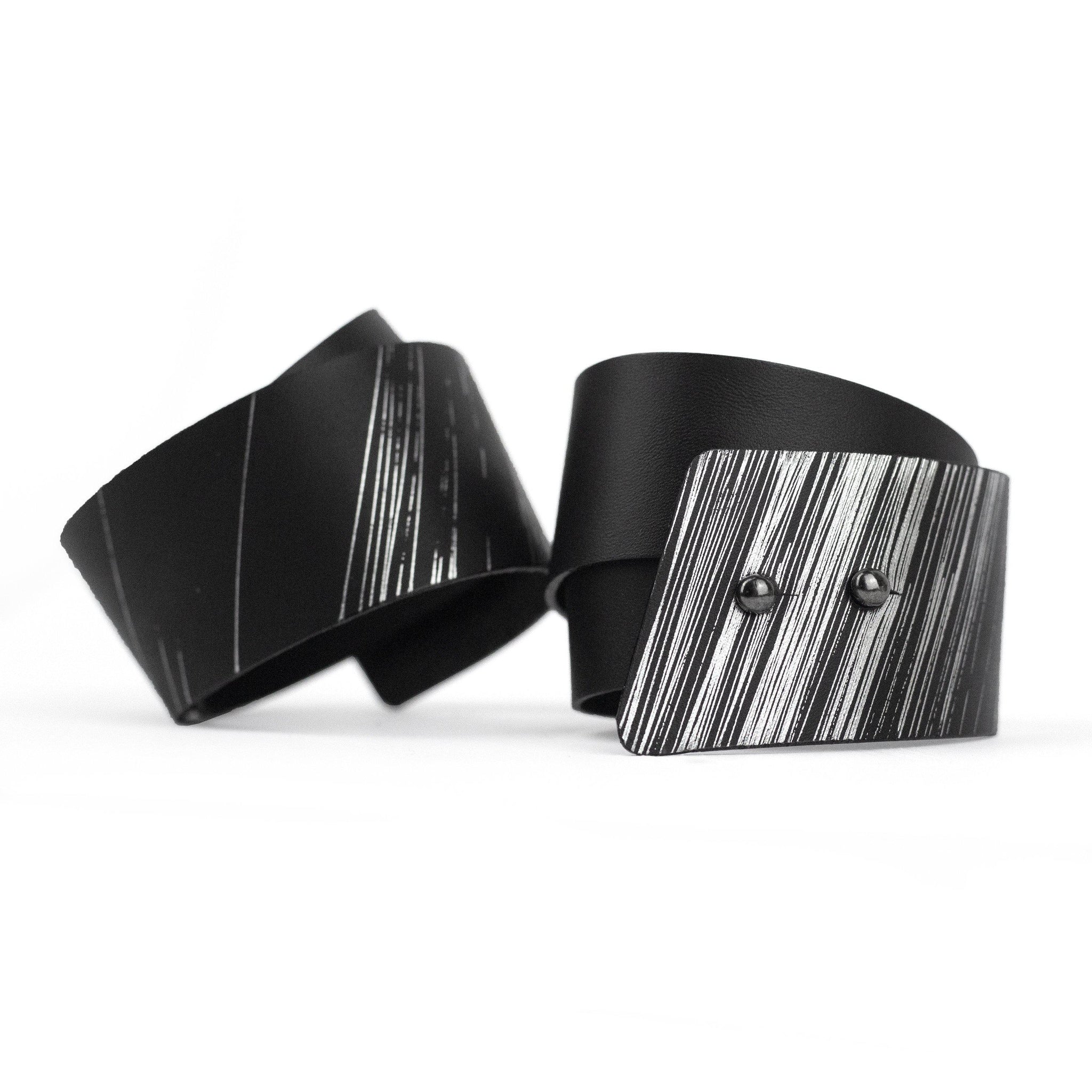 'SENA' genuine leather leather cuff, wide bracelet bangles double wrap-bangles, black, black and silver, black leather, Bracelet, colorful, cuff, designer jewelry, double wrap, double_wrap, geometric, goth, hand_painted, Jewelry, leather bracelet, leather jewelry, luxury, minimal, minimalist, recycled, studded, wrap-Mimikri