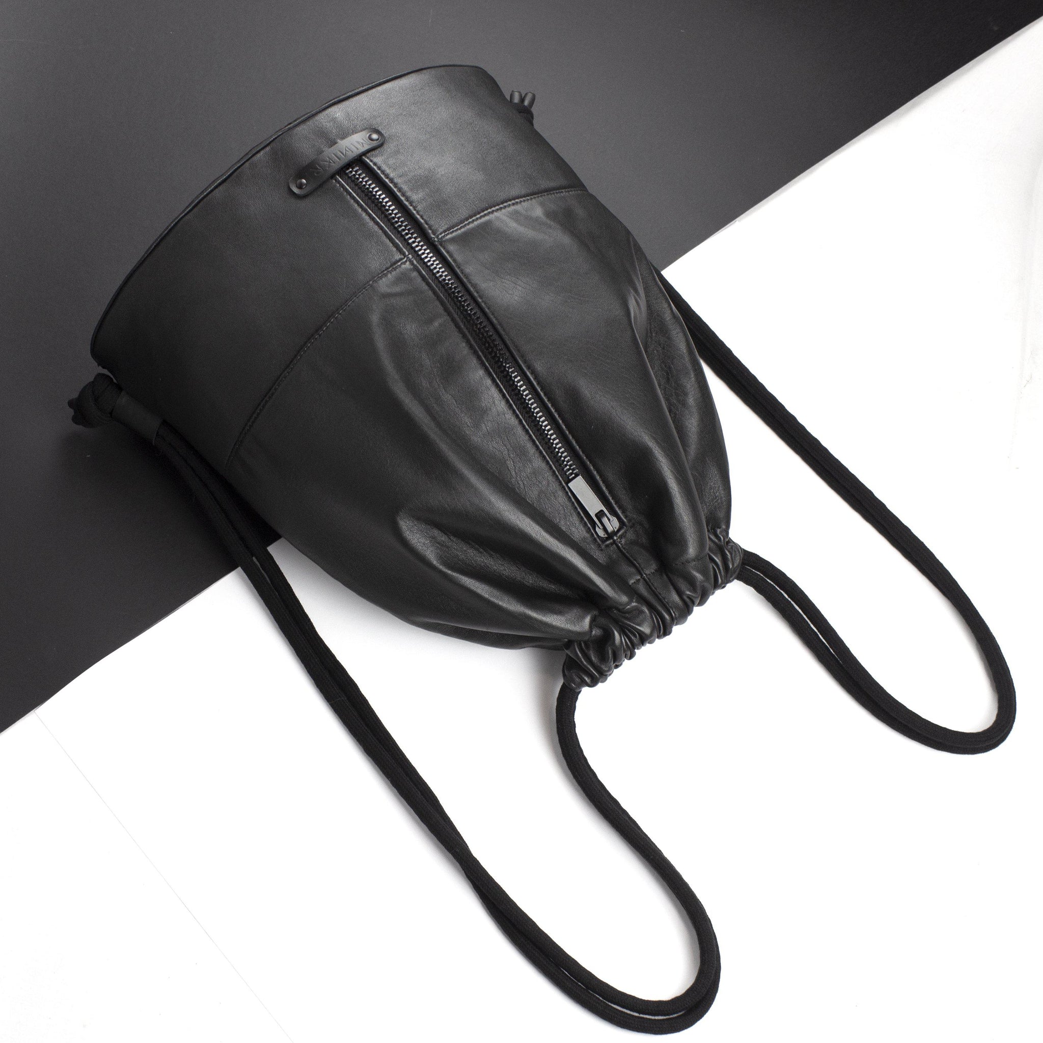 Genuine leather black backpack drawstring gymbag-Backpack, bag_for_work_travel, black, black leather, designer, diaper, drawstring, geometric, gym_bag, gymbag, handmade, leather backpack, minimal, recycled, rucksack, sporty, travel, unique, vintage, zipper-Mimikri