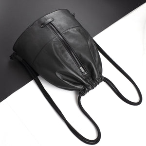 Genuine leather black backpack drawstring gymbag-Backpack, bag_for_work_travel, black, black leather, designer, diaper, drawstring, geometric, gym_bag, gymbag, handmade, leather backpack, minimal, recycled, rucksack, sporty, travel, unique, vintage, zipper-Mimikri