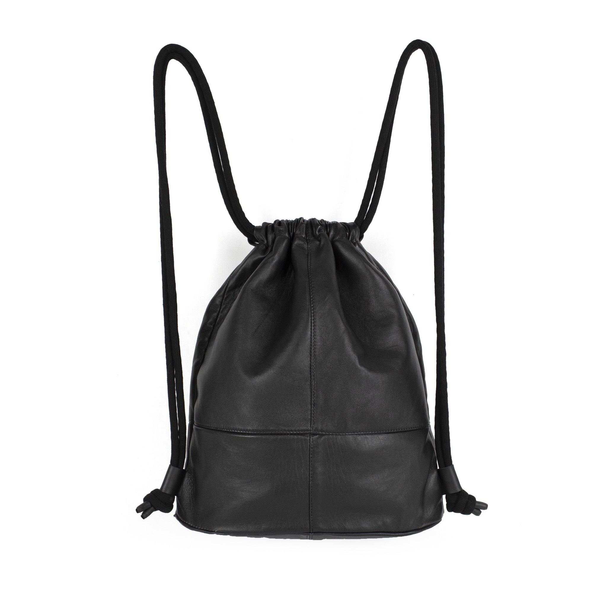 drawstring leather backpack Genuine leather black backpack drawstring gymbag – MIMIKRI Design