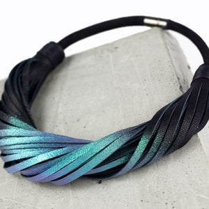 Multistrand recycled leather neckpiece / statement twisted fringe collar - black and turquoise-adjustable, black, black leather necklace, black necklace, bold, choker, collar, designer, designer jewelry, Jewelry, knotted, leather choker, leather jewelry, leather necklace, minimal, minimalist, multistrand, Necklace, recycled, recycled jewelry, string, strips, thick, tie, unique-Mimikri