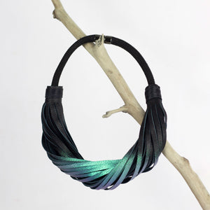 Multistrand recycled leather neckpiece / statement twisted fringe collar - black and turquoise-adjustable, black, black leather necklace, black necklace, bold, choker, collar, designer, designer jewelry, Jewelry, knotted, leather choker, leather jewelry, leather necklace, minimal, minimalist, multistrand, Necklace, recycled, recycled jewelry, string, strips, thick, tie, unique-Mimikri