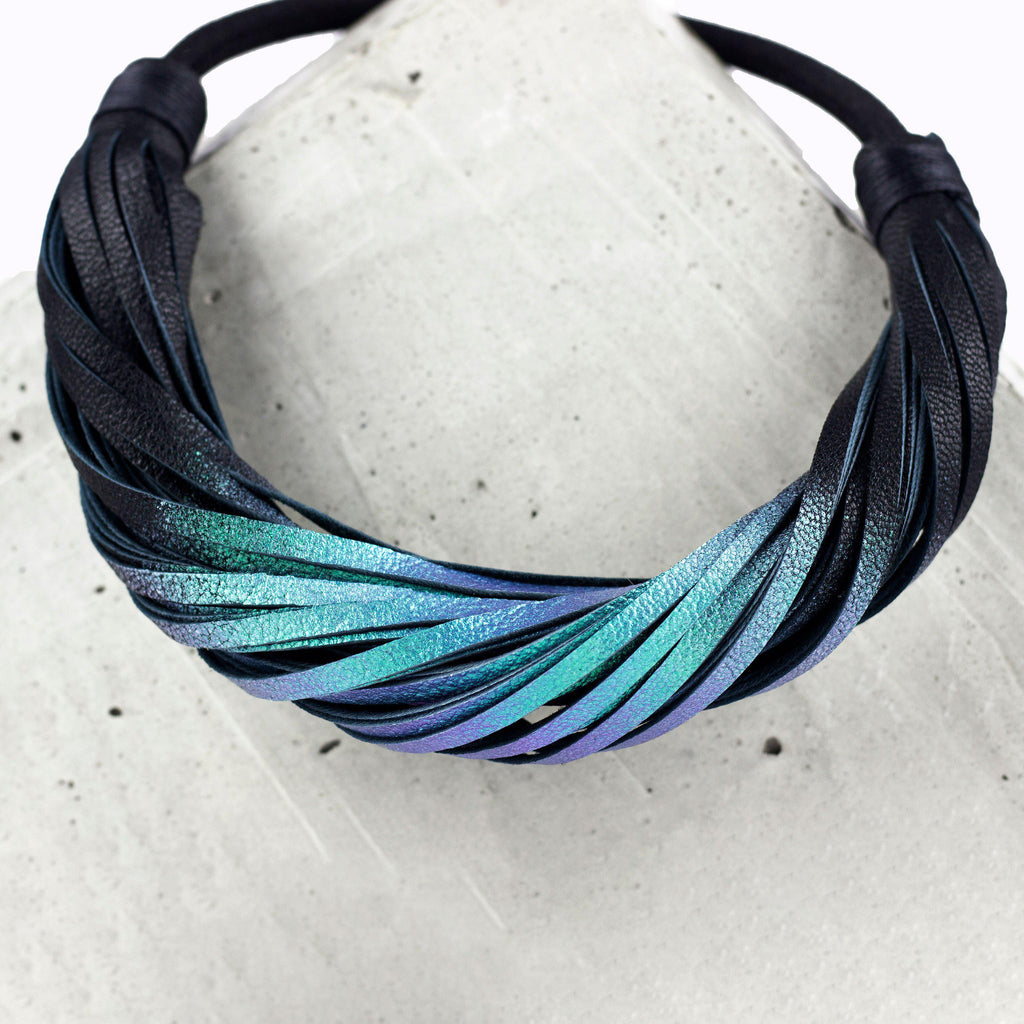 Multistrand recycled leather neckpiece / statement twisted fringe collar - black and turquoise-adjustable, black, black leather necklace, black necklace, bold, choker, collar, designer, designer jewelry, Jewelry, knotted, leather choker, leather jewelry, leather necklace, minimal, minimalist, multistrand, Necklace, recycled, recycled jewelry, string, strips, thick, tie, unique-Mimikri