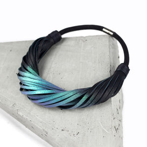 Multistrand recycled leather neckpiece / statement twisted fringe collar - black and turquoise-adjustable, black, black leather necklace, black necklace, bold, choker, collar, designer, designer jewelry, Jewelry, knotted, leather choker, leather jewelry, leather necklace, minimal, minimalist, multistrand, Necklace, recycled, recycled jewelry, string, strips, thick, tie, unique-Mimikri