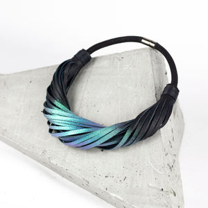 Multistrand recycled leather neckpiece / statement twisted fringe collar - black and turquoise-adjustable, black, black leather necklace, black necklace, bold, choker, collar, designer, designer jewelry, Jewelry, knotted, leather choker, leather jewelry, leather necklace, minimal, minimalist, multistrand, Necklace, recycled, recycled jewelry, string, strips, thick, tie, unique-Mimikri