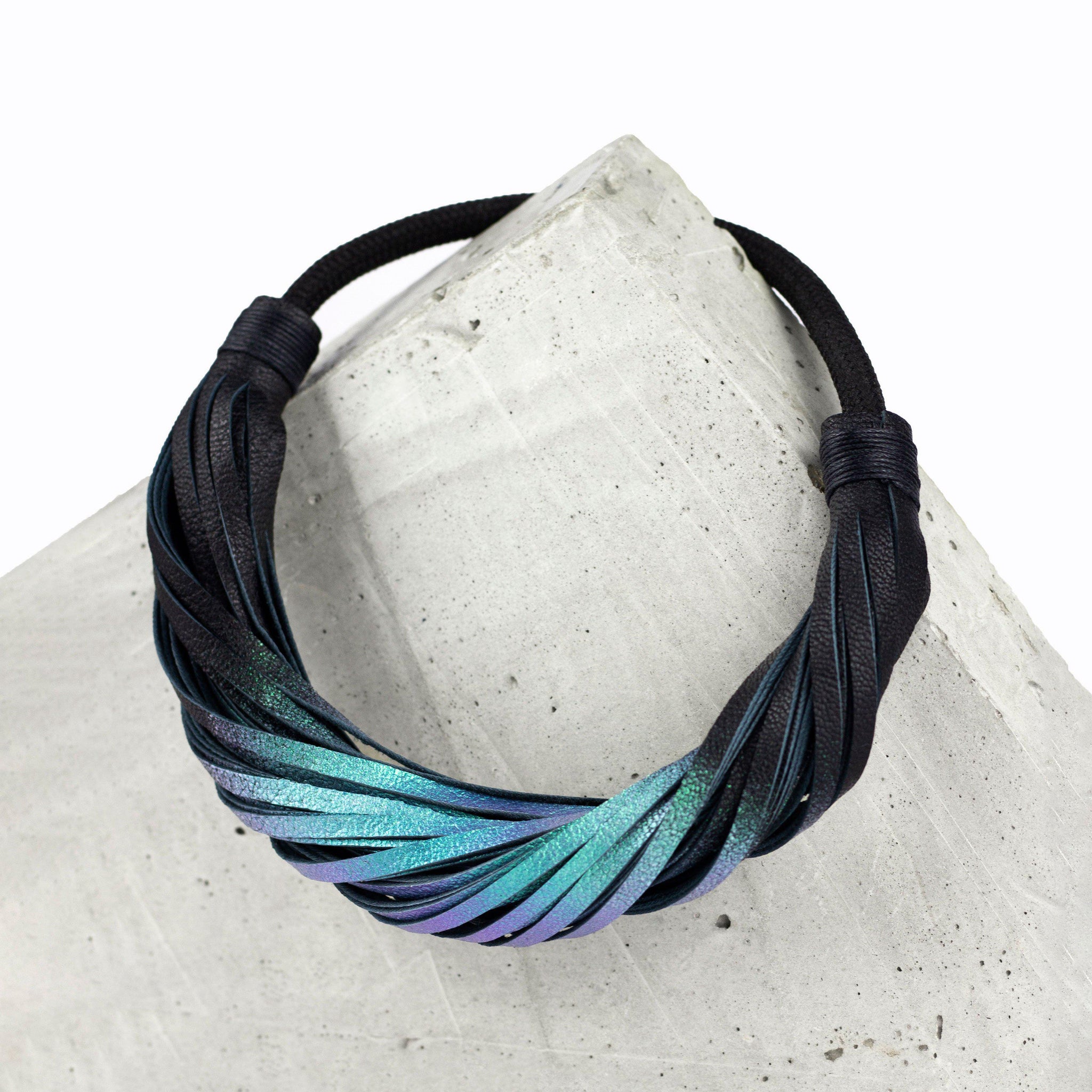 Multistrand recycled leather neckpiece / statement twisted fringe collar - black and turquoise-adjustable, black, black leather necklace, black necklace, bold, choker, collar, designer, designer jewelry, Jewelry, knotted, leather choker, leather jewelry, leather necklace, minimal, minimalist, multistrand, Necklace, recycled, recycled jewelry, string, strips, thick, tie, unique-Mimikri