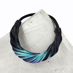 Multistrand recycled leather neckpiece / statement twisted fringe collar - black and turquoise-adjustable, black, black leather necklace, black necklace, bold, choker, collar, designer, designer jewelry, Jewelry, knotted, leather choker, leather jewelry, leather necklace, minimal, minimalist, multistrand, Necklace, recycled, recycled jewelry, string, strips, thick, tie, unique-Mimikri