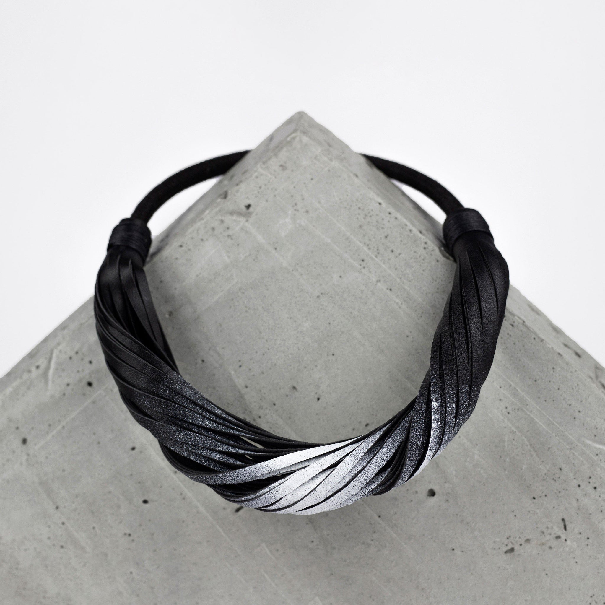 Multistrand recycled leather neckpiece / statement twisted fringe collar - black and white-adjustable, black, black leather necklace, black necklace, bold, choker, collar, designer, designer jewelry, Jewelry, knotted, leather choker, leather jewelry, leather necklace, minimal, minimalist, multistrand, Necklace, recycled, recycled jewelry, string, strips, thick, tie, unique-Mimikri