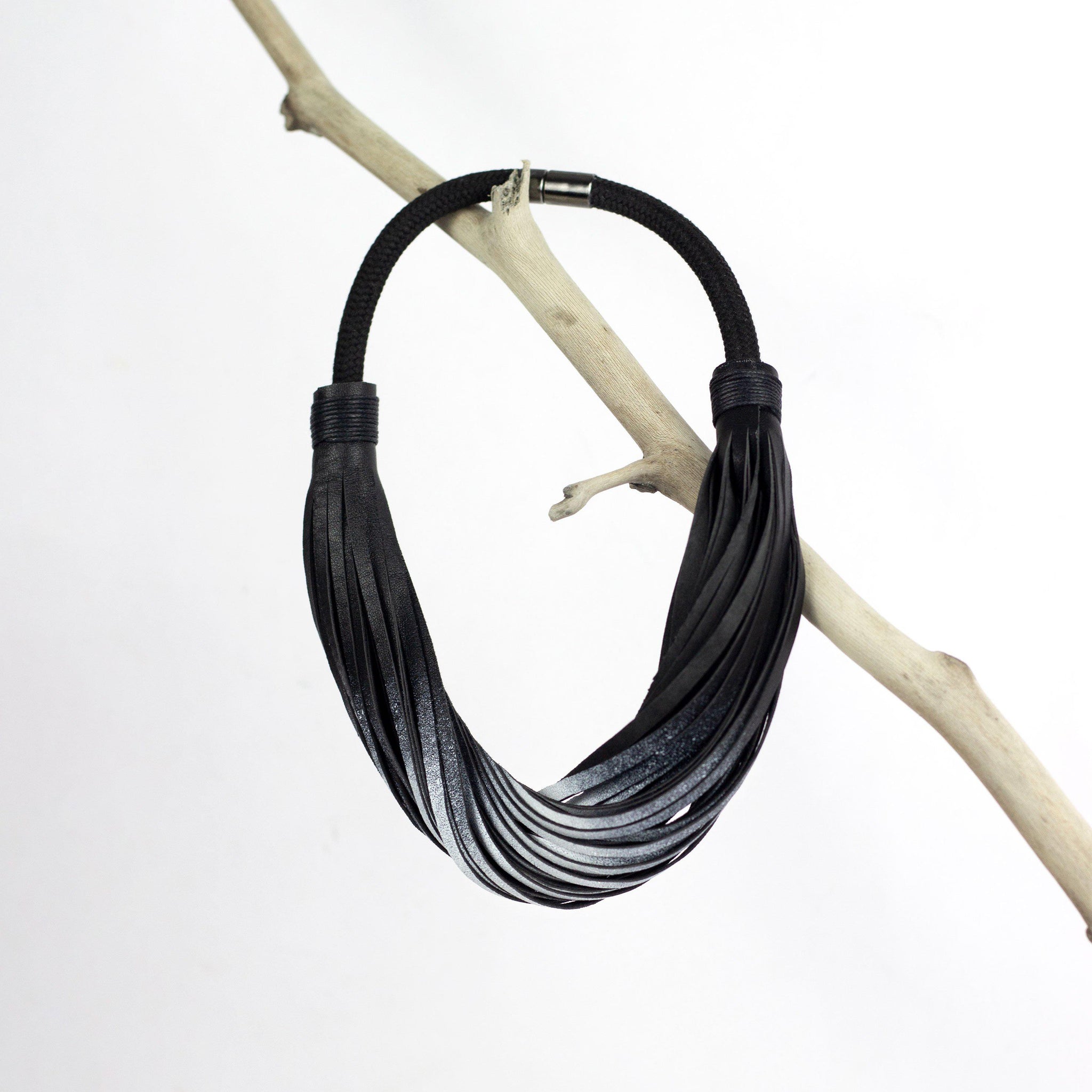 Multistrand recycled leather neckpiece / statement twisted fringe collar - black and white-adjustable, black, black leather necklace, black necklace, bold, choker, collar, designer, designer jewelry, Jewelry, knotted, leather choker, leather jewelry, leather necklace, minimal, minimalist, multistrand, Necklace, recycled, recycled jewelry, string, strips, thick, tie, unique-Mimikri