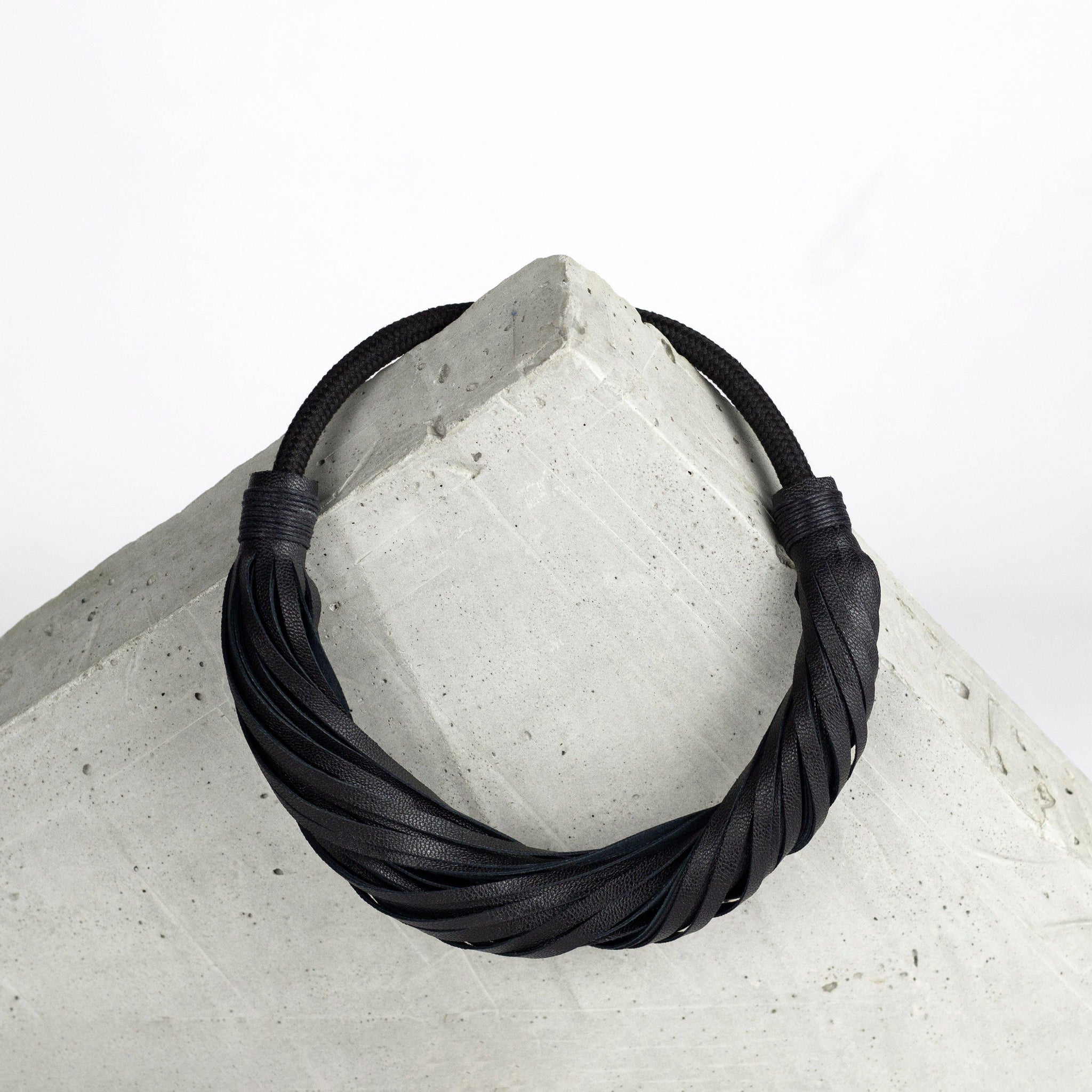 Multistrand recycled leather neckpiece / statement twisted fringe collar - black-adjustable, black, black leather necklace, black necklace, bold, choker, collar, designer, designer jewelry, Jewelry, knotted, leather choker, leather jewelry, leather necklace, minimal, minimalist, multistrand, Necklace, recycled, recycled jewelry, string, strips, thick, tie, unique-Mimikri