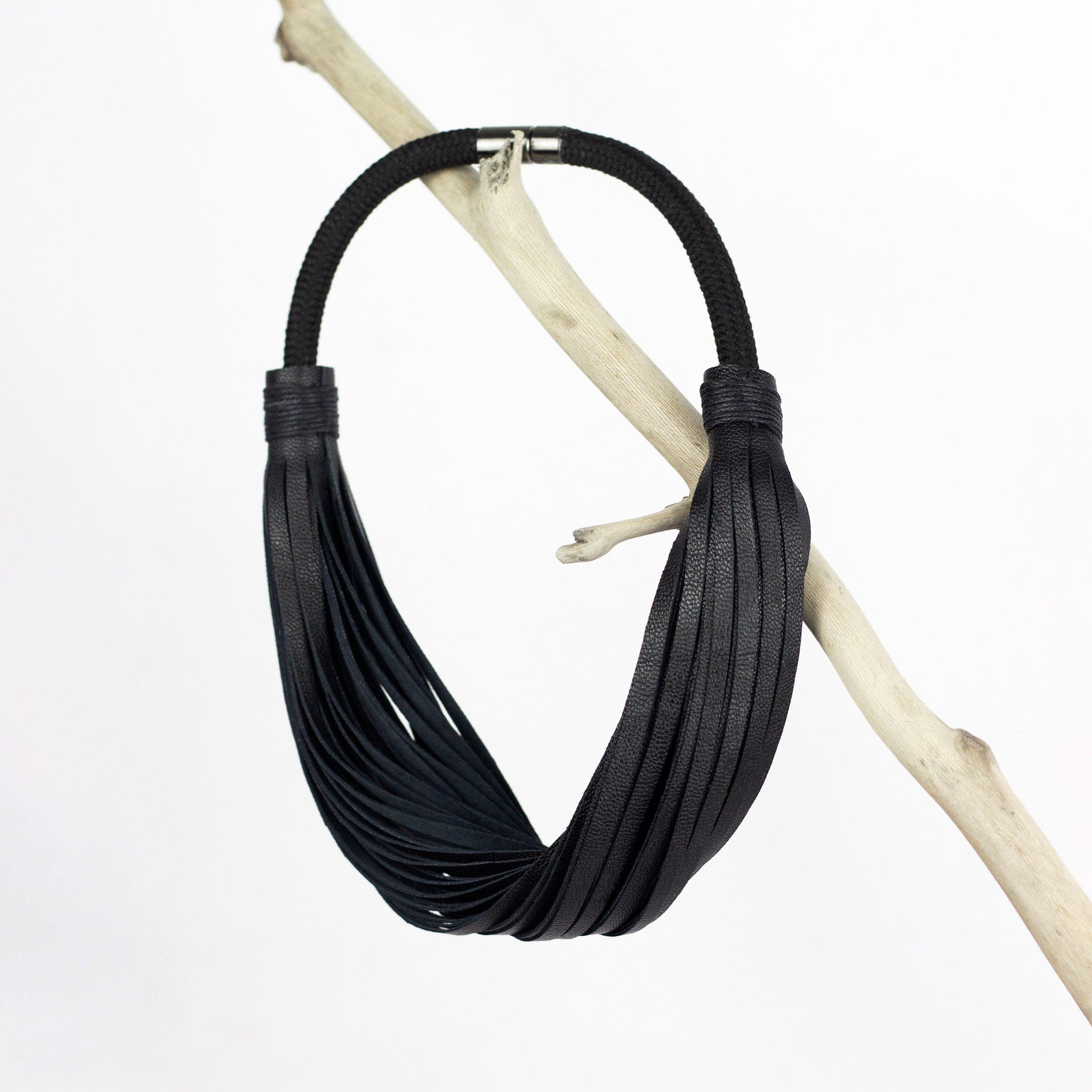 Multistrand recycled leather neckpiece / statement twisted fringe collar - black-adjustable, black, black leather necklace, black necklace, bold, choker, collar, designer, designer jewelry, Jewelry, knotted, leather choker, leather jewelry, leather necklace, minimal, minimalist, multistrand, Necklace, recycled, recycled jewelry, string, strips, thick, tie, unique-Mimikri