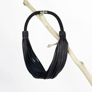 Multistrand recycled leather neckpiece / statement twisted fringe collar - black-adjustable, black, black leather necklace, black necklace, bold, choker, collar, designer, designer jewelry, Jewelry, knotted, leather choker, leather jewelry, leather necklace, minimal, minimalist, multistrand, Necklace, recycled, recycled jewelry, string, strips, thick, tie, unique-Mimikri