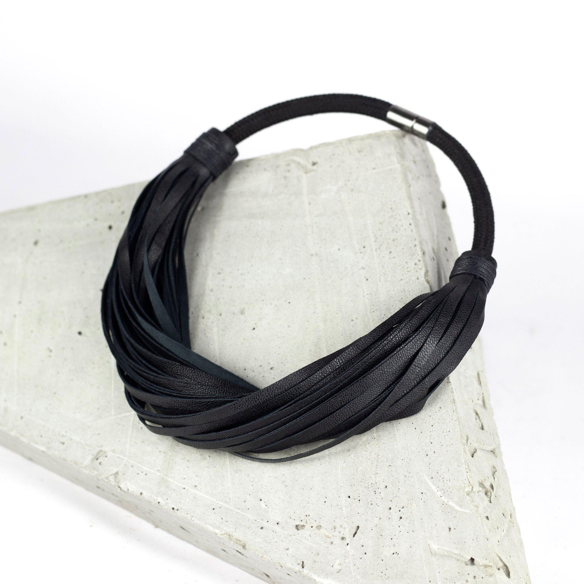 Multistrand recycled leather neckpiece / statement twisted fringe collar - black-adjustable, black, black leather necklace, black necklace, bold, choker, collar, designer, designer jewelry, Jewelry, knotted, leather choker, leather jewelry, leather necklace, minimal, minimalist, multistrand, Necklace, recycled, recycled jewelry, string, strips, thick, tie, unique-Mimikri