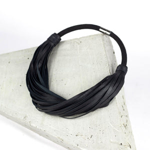 Multistrand recycled leather neckpiece / statement twisted fringe collar - black-adjustable, black, black leather necklace, black necklace, bold, choker, collar, designer, designer jewelry, Jewelry, knotted, leather choker, leather jewelry, leather necklace, minimal, minimalist, multistrand, Necklace, recycled, recycled jewelry, string, strips, thick, tie, unique-Mimikri