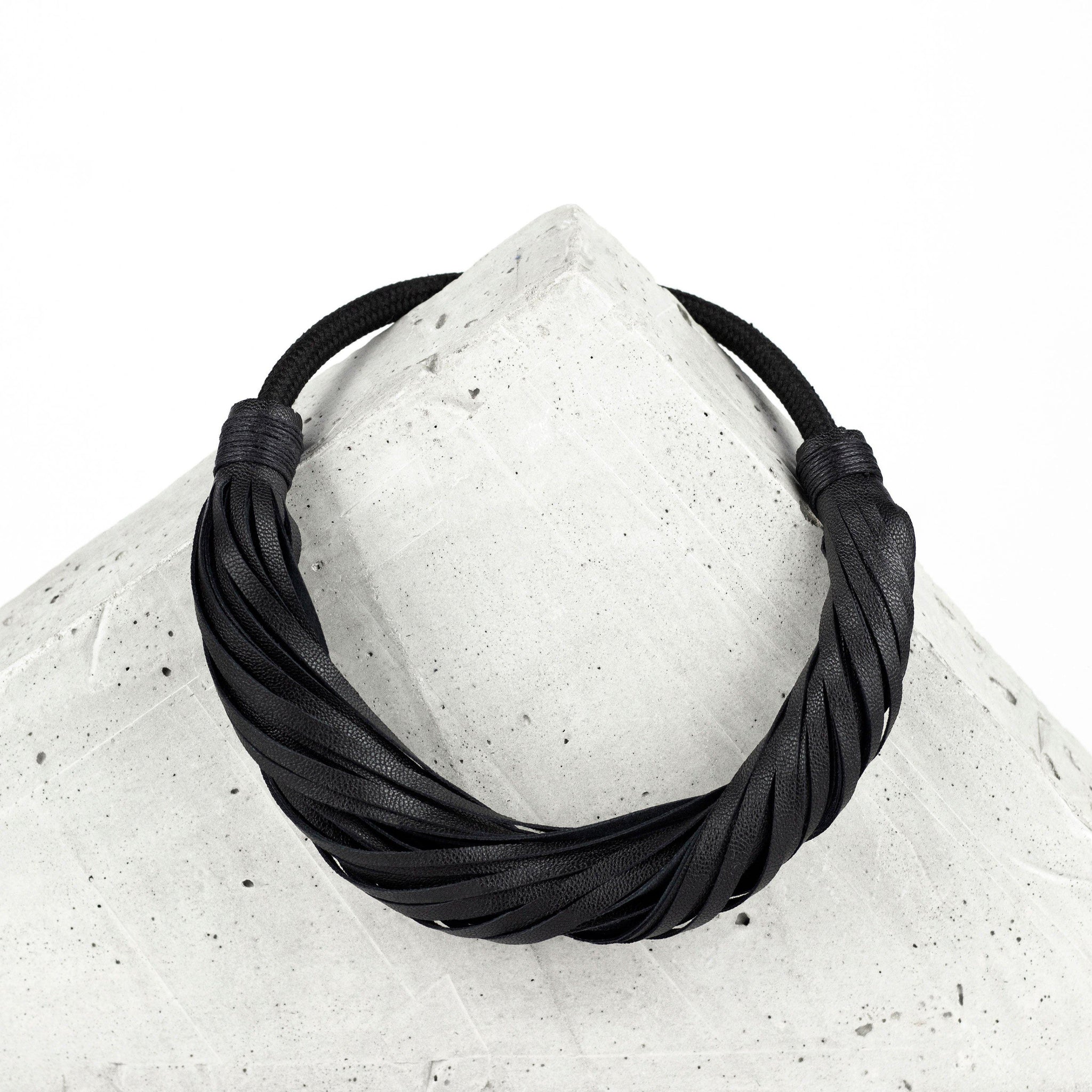 Multistrand recycled leather neckpiece / statement twisted fringe collar - black-adjustable, black, black leather necklace, black necklace, bold, choker, collar, designer, designer jewelry, Jewelry, knotted, leather choker, leather jewelry, leather necklace, minimal, minimalist, multistrand, Necklace, recycled, recycled jewelry, string, strips, thick, tie, unique-Mimikri