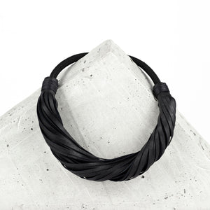 Multistrand recycled leather neckpiece / statement twisted fringe collar - black-adjustable, black, black leather necklace, black necklace, bold, choker, collar, designer, designer jewelry, Jewelry, knotted, leather choker, leather jewelry, leather necklace, minimal, minimalist, multistrand, Necklace, recycled, recycled jewelry, string, strips, thick, tie, unique-Mimikri