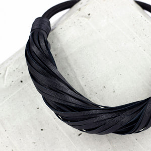 Multistrand recycled leather neckpiece / statement twisted fringe collar - black-adjustable, black, black leather necklace, black necklace, bold, choker, collar, designer, designer jewelry, Jewelry, knotted, leather choker, leather jewelry, leather necklace, minimal, minimalist, multistrand, Necklace, recycled, recycled jewelry, string, strips, thick, tie, unique-Mimikri