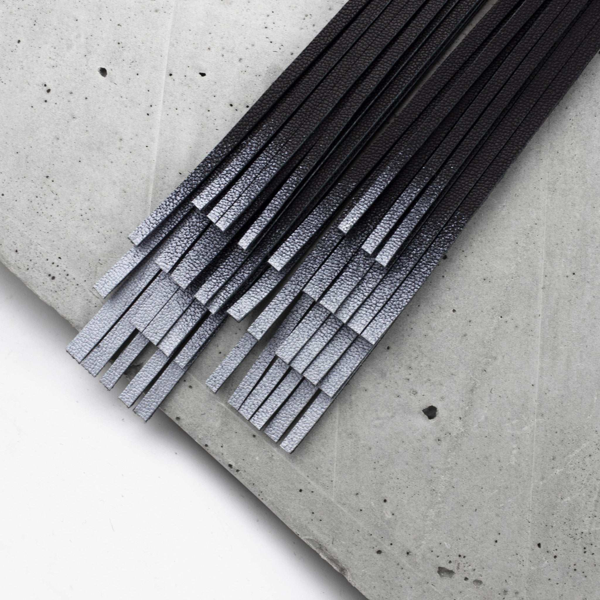 Genuine leather tassel earring / designer statement jewellery / extra long fringe black and silver