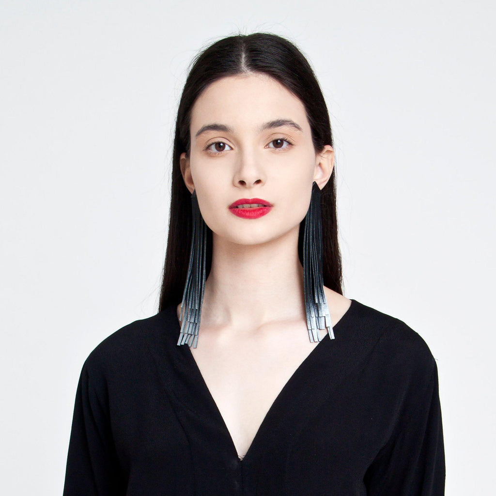 Genuine leather tassel earring / designer statement jewellery / extra long fringe black and silver