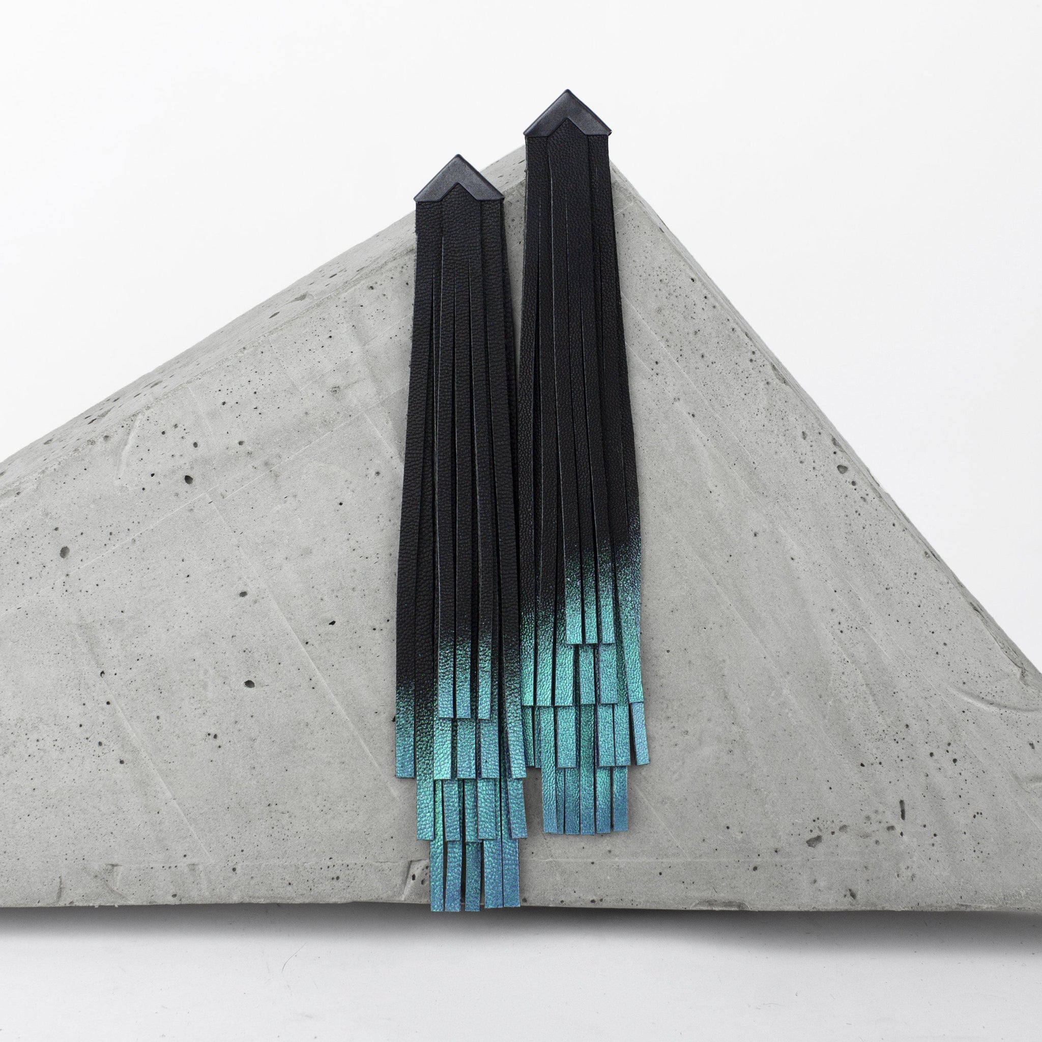 Turquoise leather tassel earring / designer statement jewellery / extra long fringe black and green