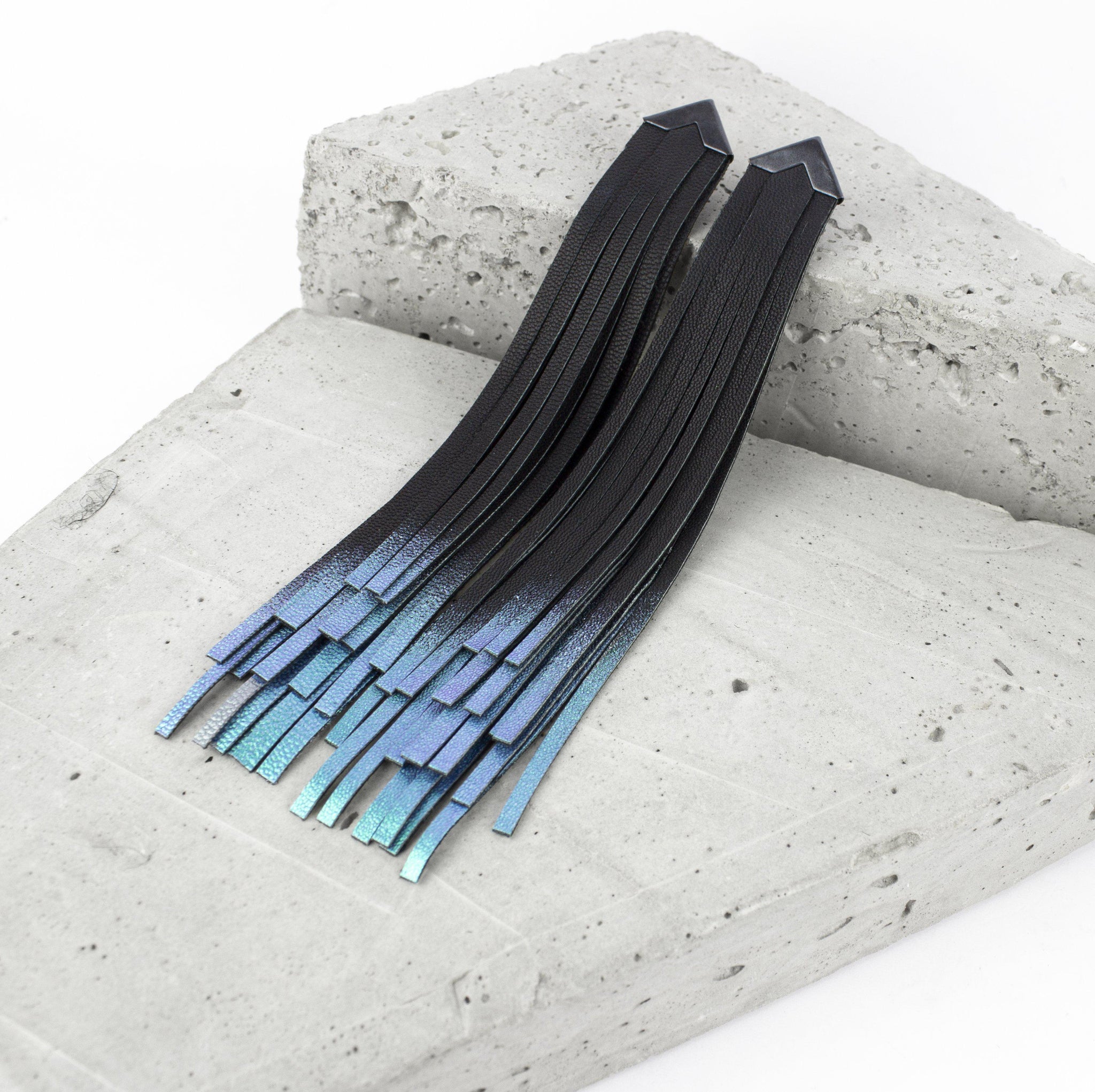 Turquoise leather tassel earring / designer statement jewellery / extra long fringe black and green