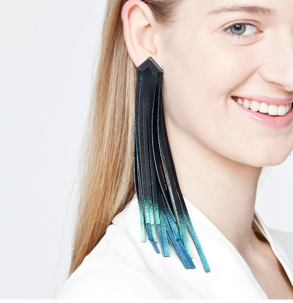 Turquoise leather tassel earring / designer statement jewellery / extra long fringe black and green