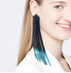 Turquoise leather tassel earring / designer statement jewellery / extra long fringe black and green