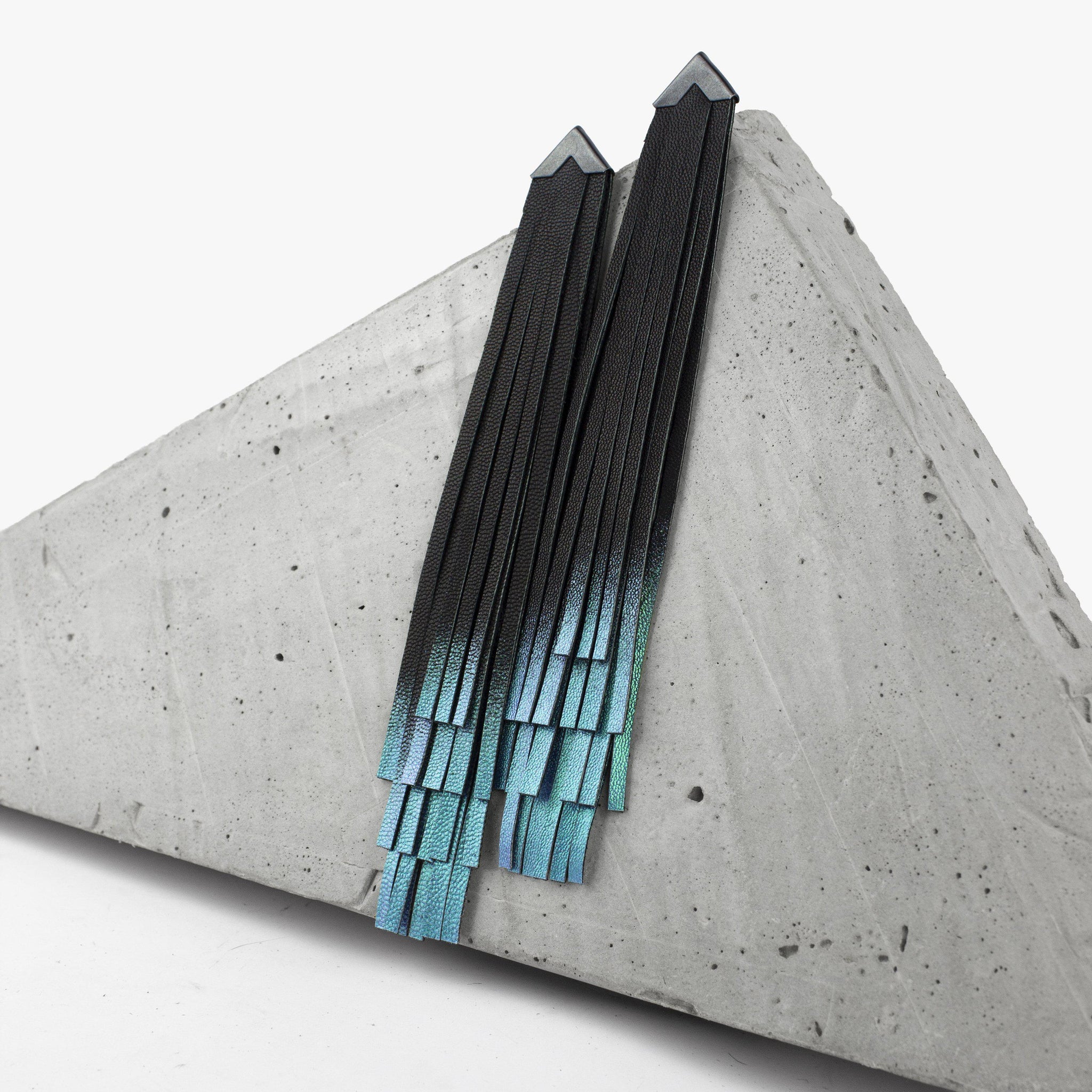 Turquoise leather tassel earring / designer statement jewellery / extra long fringe black and green
