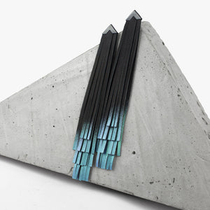 Turquoise leather tassel earring / designer statement jewellery / extra long fringe black and green