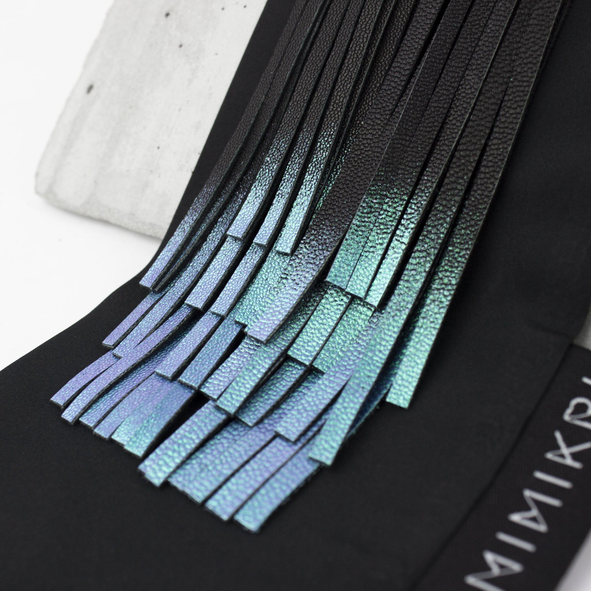 Turquoise leather tassel earring / designer statement jewellery / extra long fringe black and green