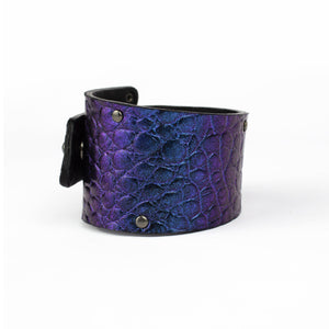 Women's leather wide cuff bracelet bangles rainbow blue-bangles, blue, blue leather, Bracelet, chameleon, colorful, colourful, cuff, designer, designer jewelry, geometric, holo, holographic, holographic leather, iridescent, Jewelry, leather bracelet, leather jewelry, minimal, rainbow, recycled, steampunk, studded, wide, with studs-Mimikri